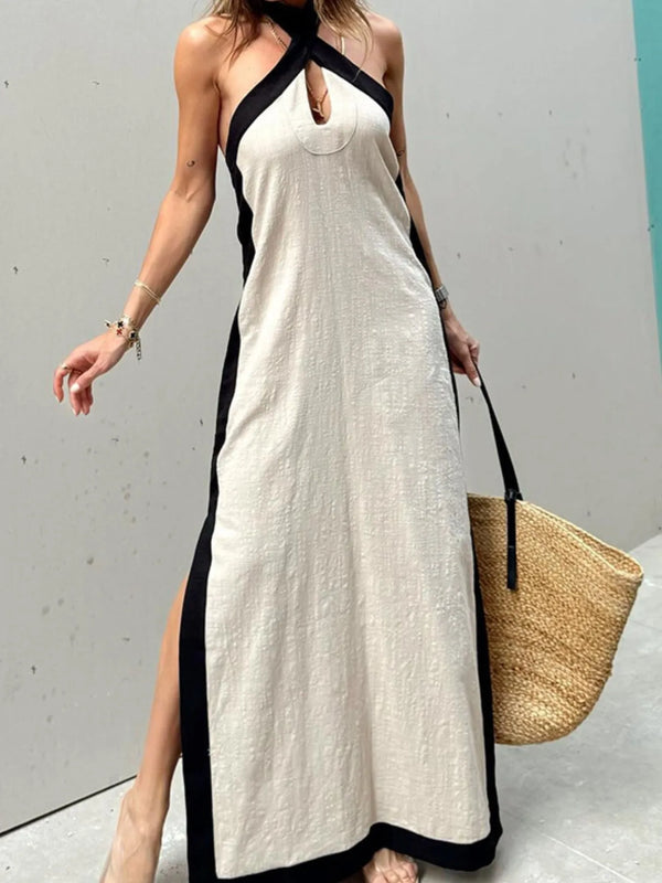 Contrast Halter Sleeveless Maxi Dress with Crisscross and Slit.