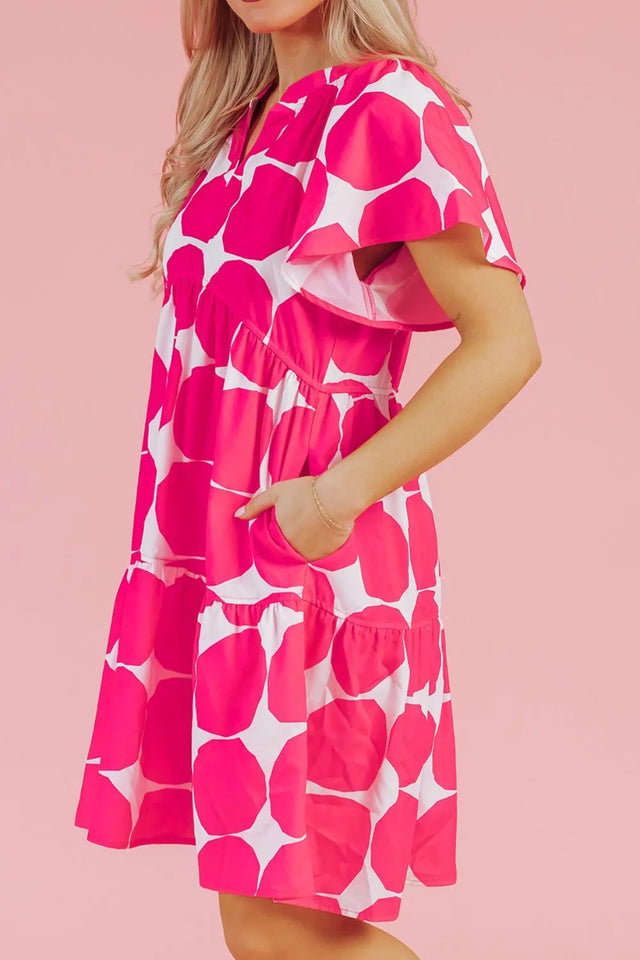 Contrast Notched Flutter Sleeve Dress.