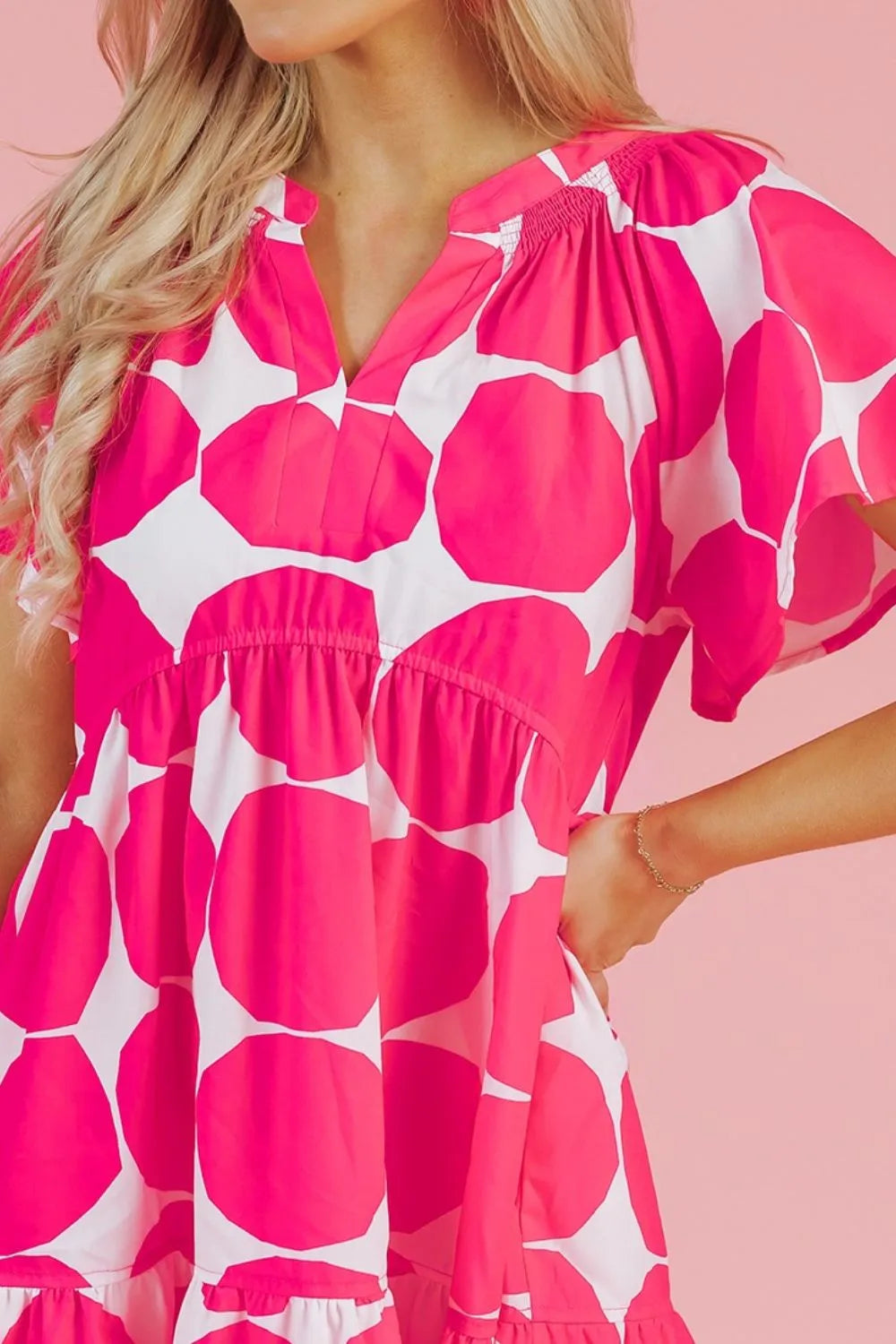 Contrast Notched Flutter Sleeve Dress.