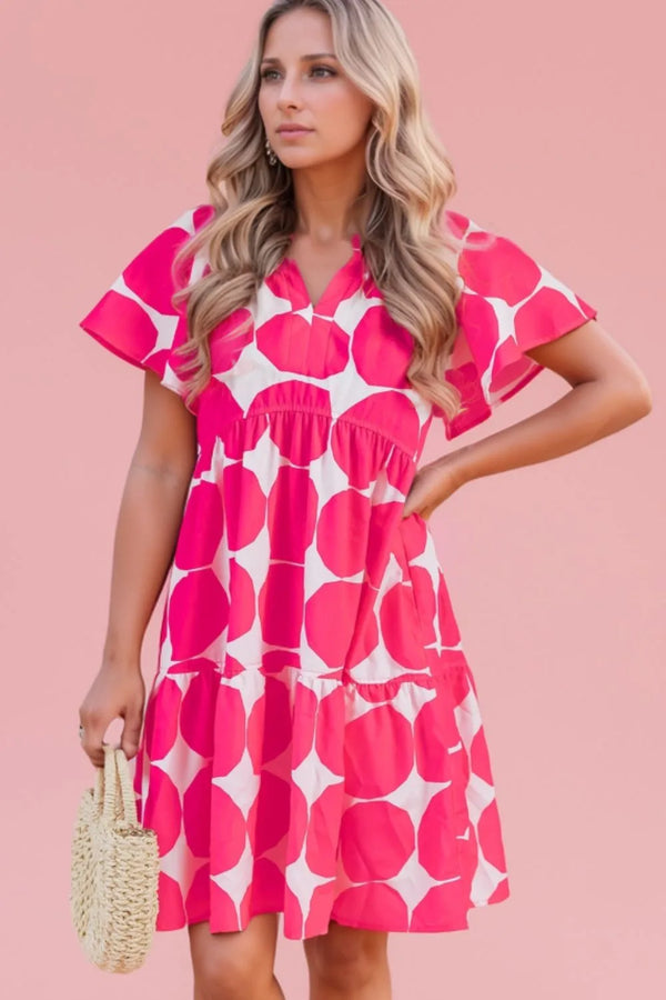 Contrast Notched Flutter Sleeve Dress.