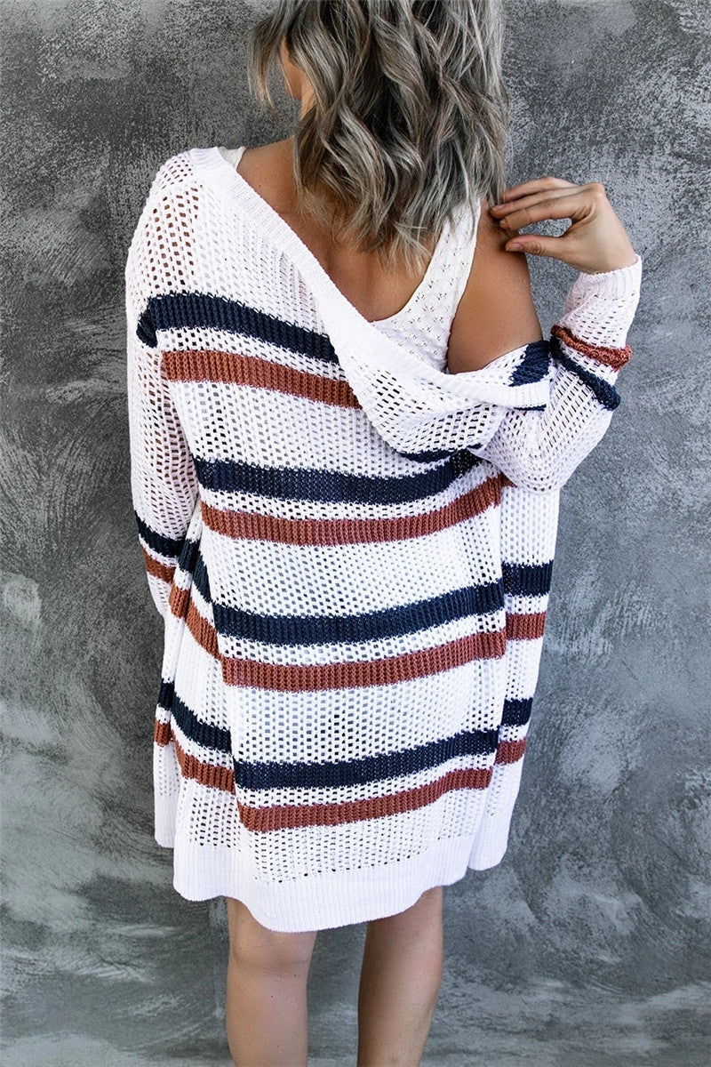 Contrast openwork open front long sleeve cardigan with cutout details.