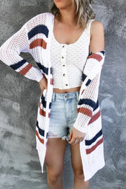 Contrast openwork open front long sleeve cardigan with cutout details.