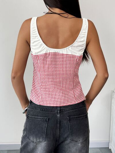 Contrast plaid square neck tank top with tie detail.