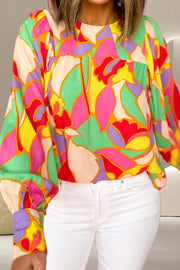 Contrast print round neck long sleeve blouse.