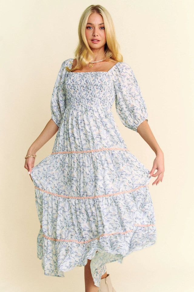 Davi Dani Contrast Ric Smocking Bodice Tiered Midi Dress.