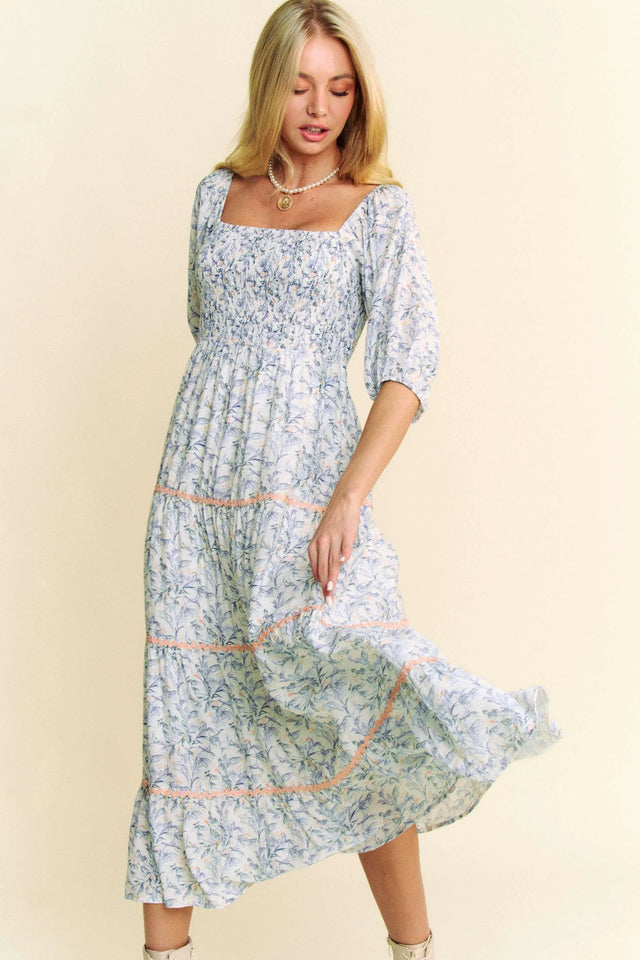 Davi Dani Contrast Ric Smocking Bodice Tiered Midi Dress.