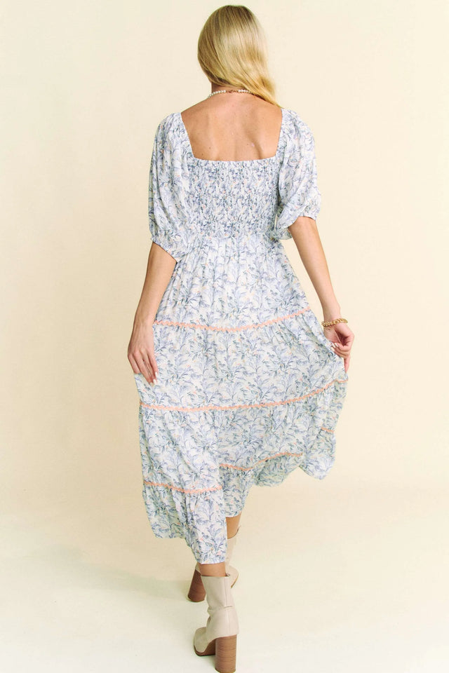 Davi Dani Contrast Ric Smocking Bodice Tiered Midi Dress.