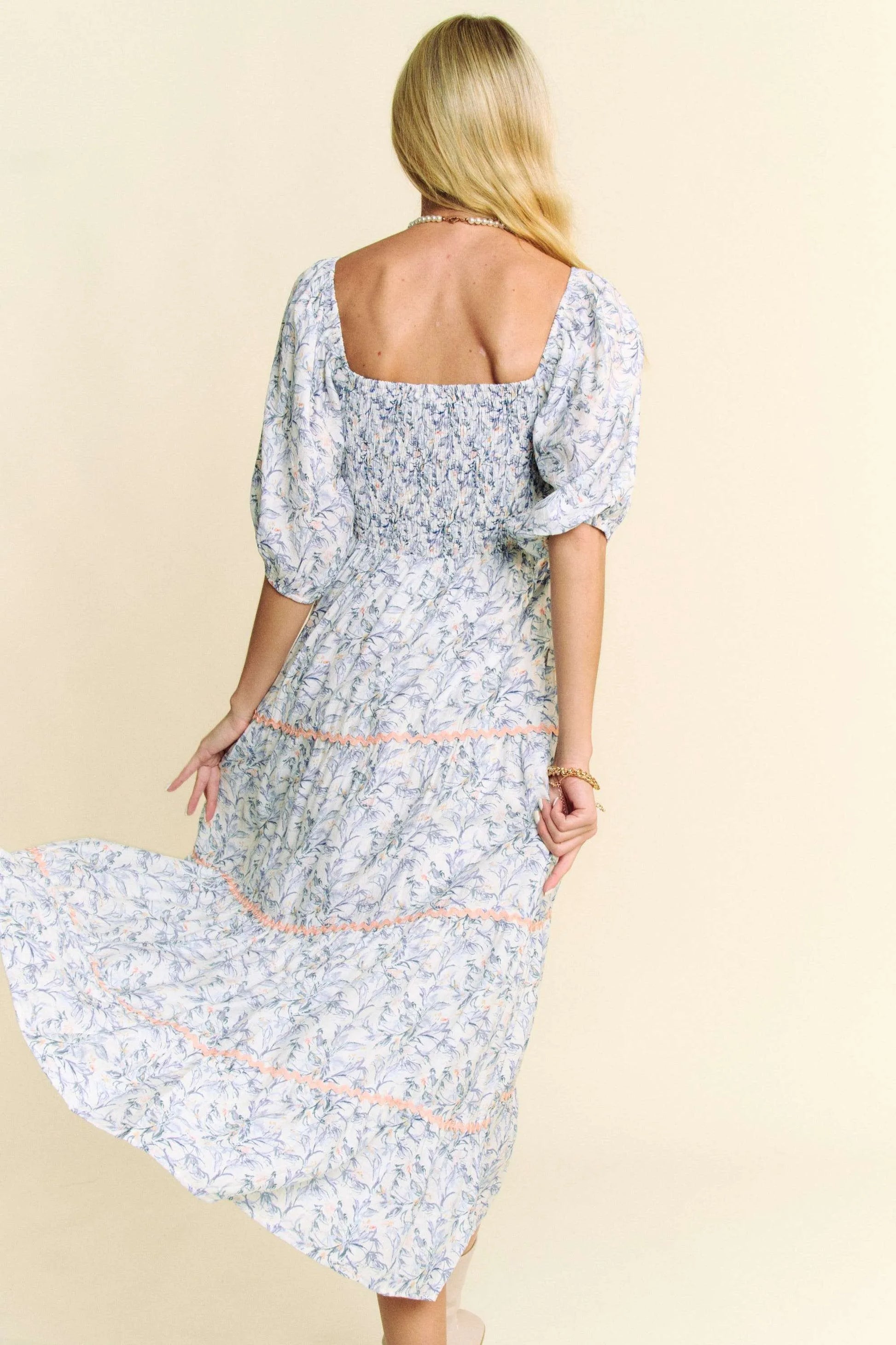 Davi Dani Contrast Ric Smocking Bodice Tiered Midi Dress.