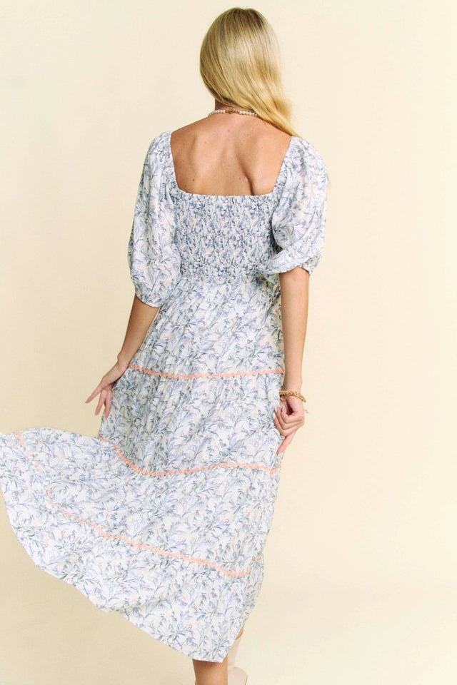 Davi Dani Contrast Ric Smocking Bodice Tiered Midi Dress.