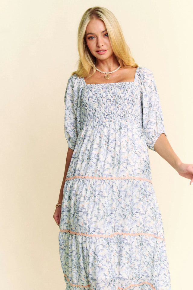 Davi Dani Contrast Ric Smocking Bodice Tiered Midi Dress.