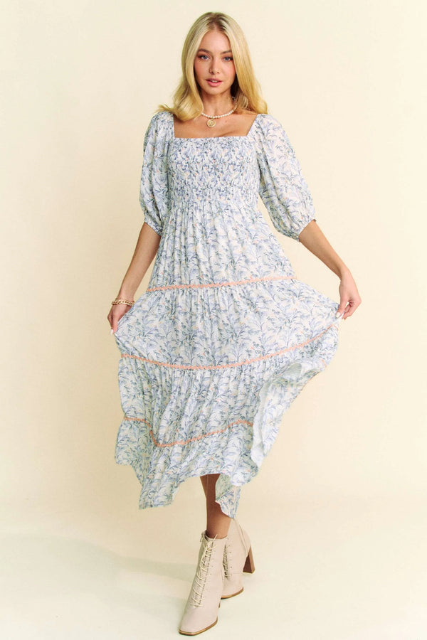 Davi Dani Contrast Ric Smocking Bodice Tiered Midi Dress.
