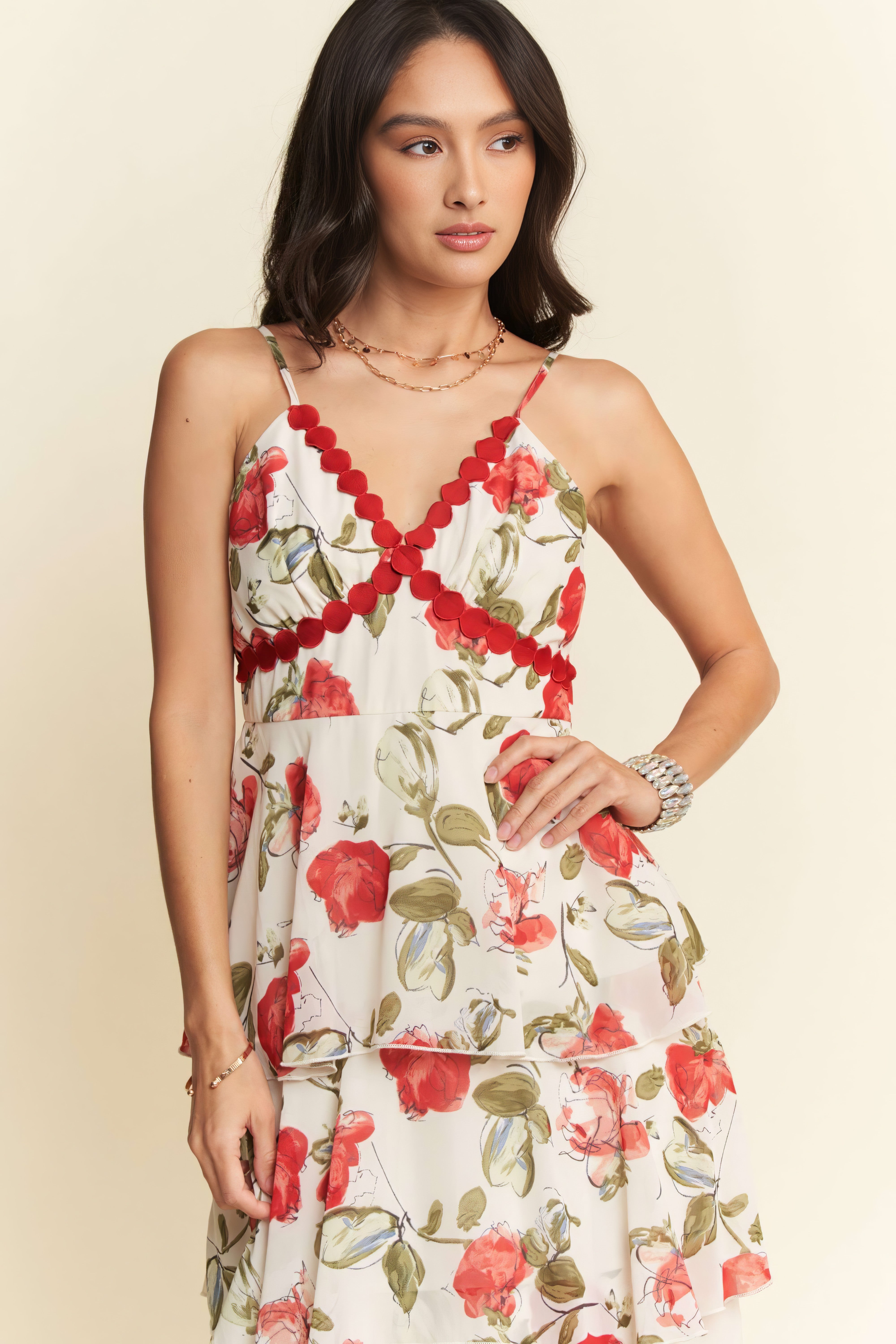 Contrast Ring Lace Layered Ruffle Maxi Cami Dress