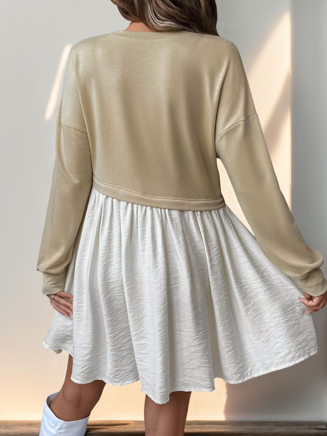 Perfee Contrast Round Neck Long Sleeve Mini Dress.