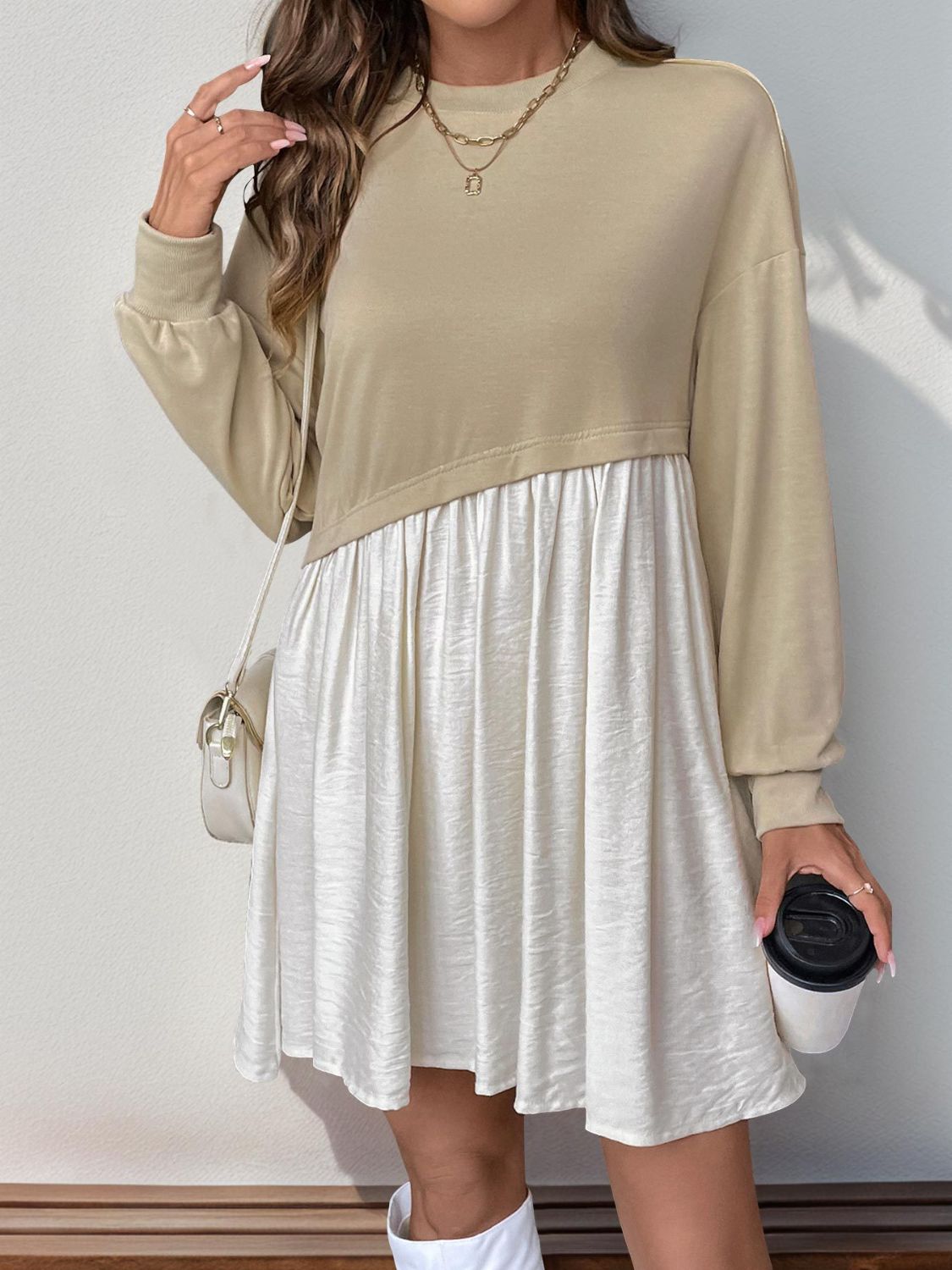 Perfee Contrast Round Neck Long Sleeve Mini Dress.