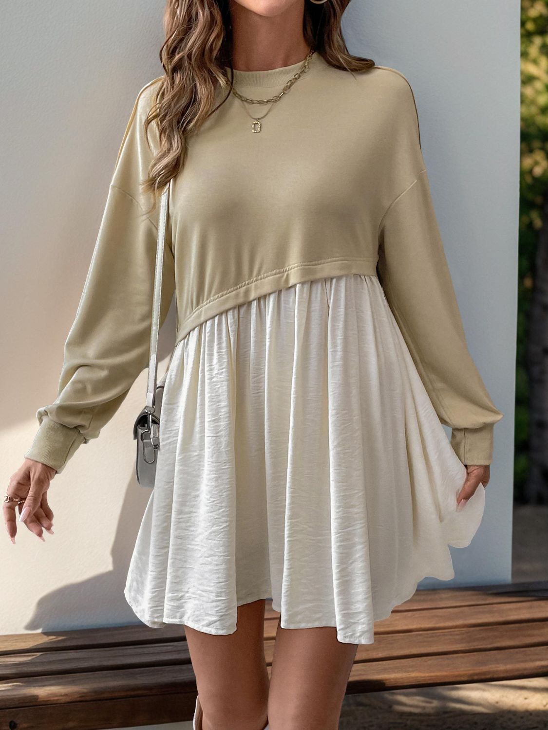 Perfee Contrast Round Neck Long Sleeve Mini Dress.