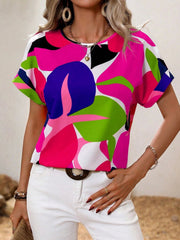 Contrast round neck short sleeve blouse.