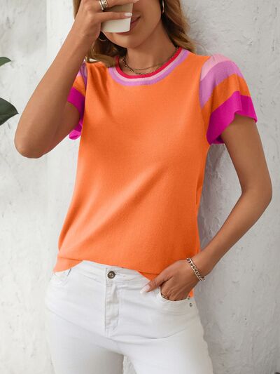 Mandy contrast round neck short sleeve knit top.