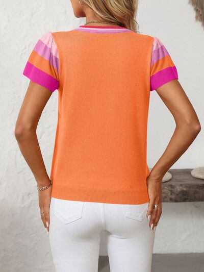 Mandy contrast round neck short sleeve knit top.