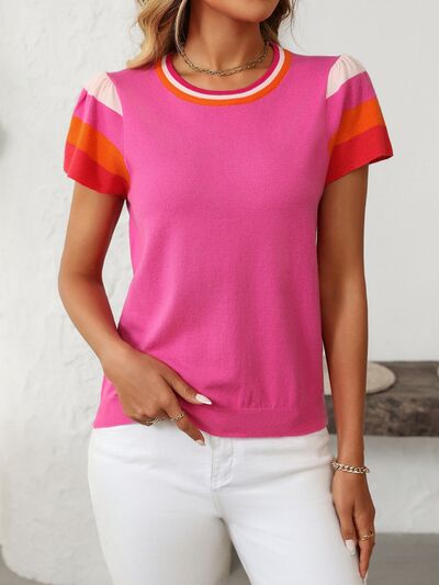 Mandy contrast round neck short sleeve knit top.