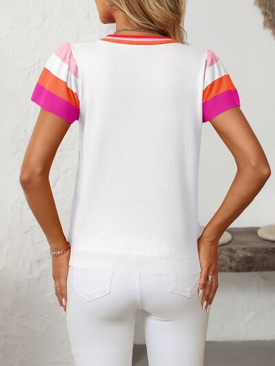 Mandy contrast round neck short sleeve knit top.
