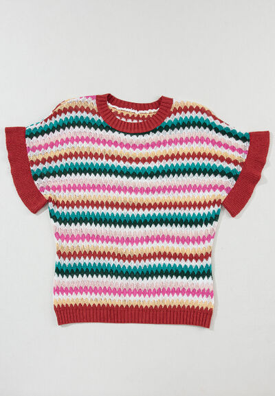 Contrast round neck short sleeve sweater.