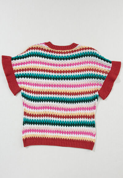 Contrast round neck short sleeve sweater.