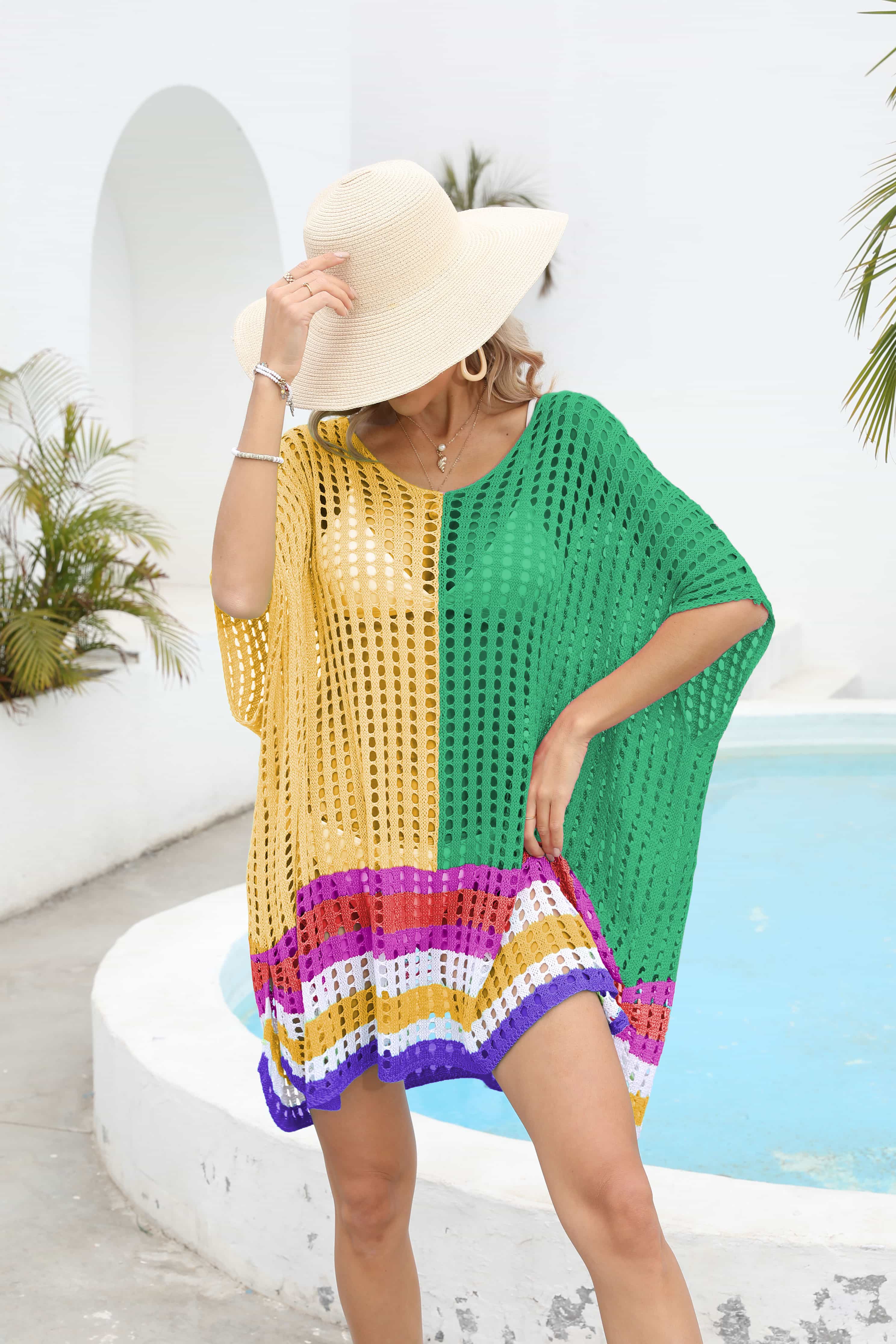 Contrast Scoop Neck Openwork Half Sleeve Cover Up.