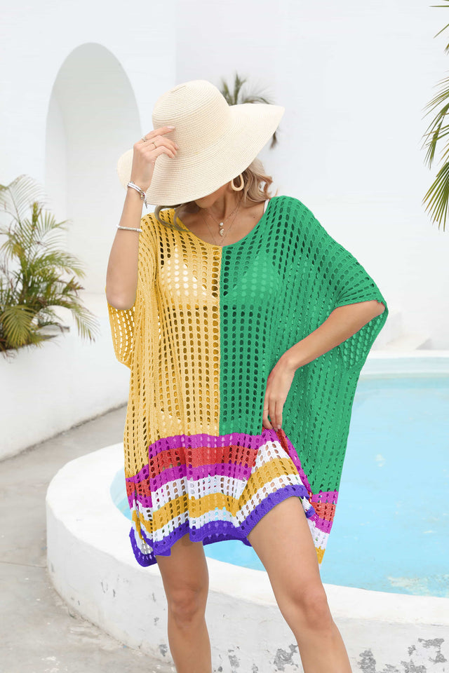 Contrast Scoop Neck Openwork Half Sleeve Cover Up.
