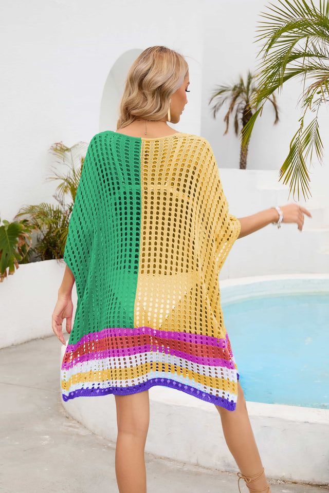 Contrast Scoop Neck Openwork Half Sleeve Cover Up.
