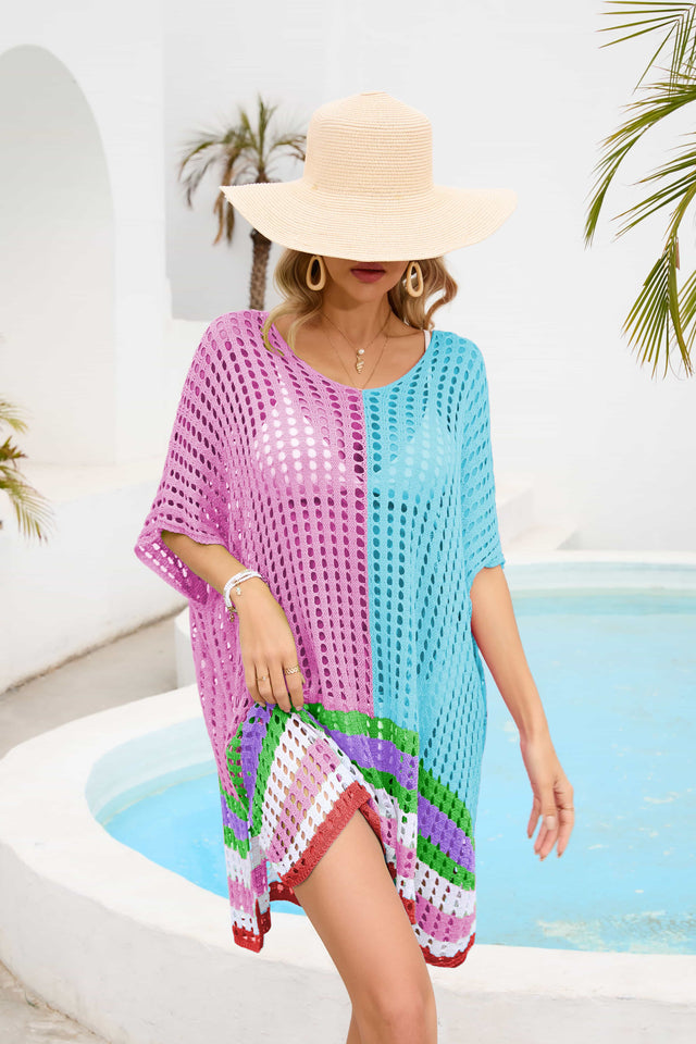 Contrast Scoop Neck Openwork Half Sleeve Cover Up.