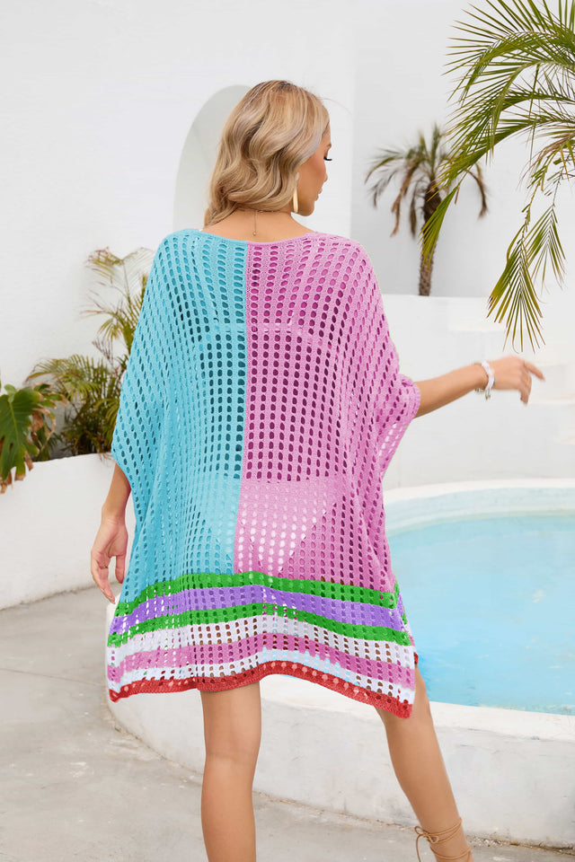 Contrast Scoop Neck Openwork Half Sleeve Cover Up.