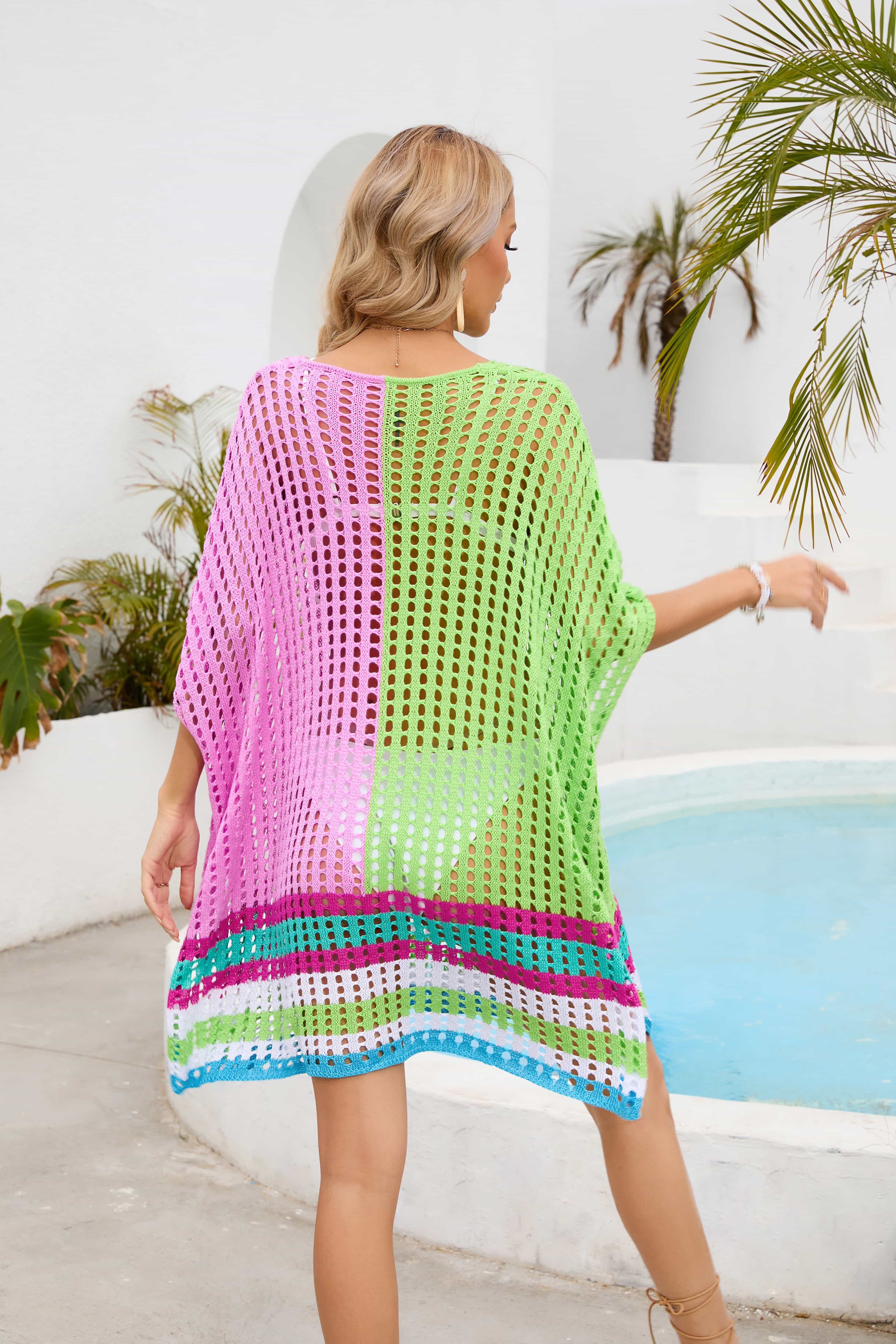 Contrast Scoop Neck Openwork Half Sleeve Cover Up.