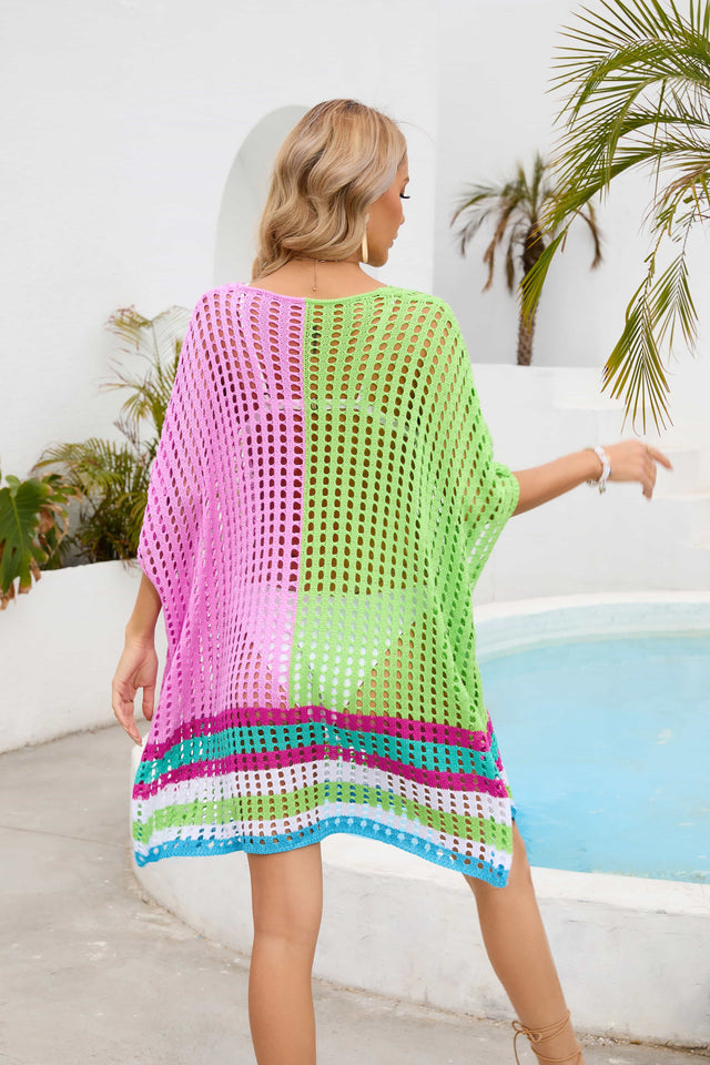 Contrast Scoop Neck Openwork Half Sleeve Cover Up.