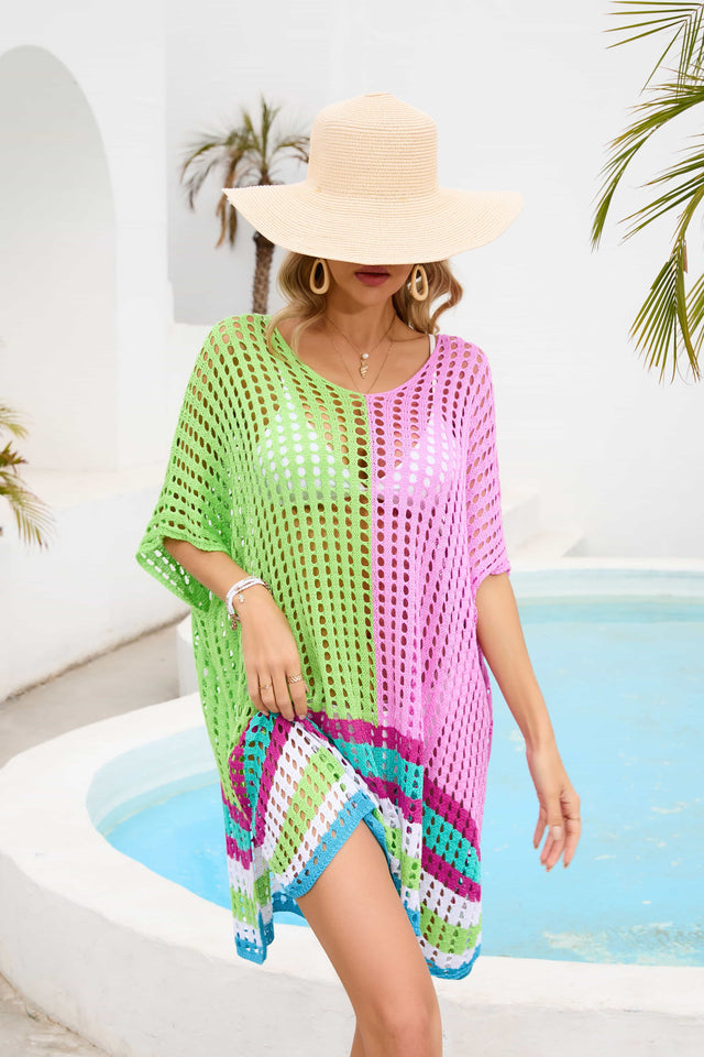 Contrast Scoop Neck Openwork Half Sleeve Cover Up.