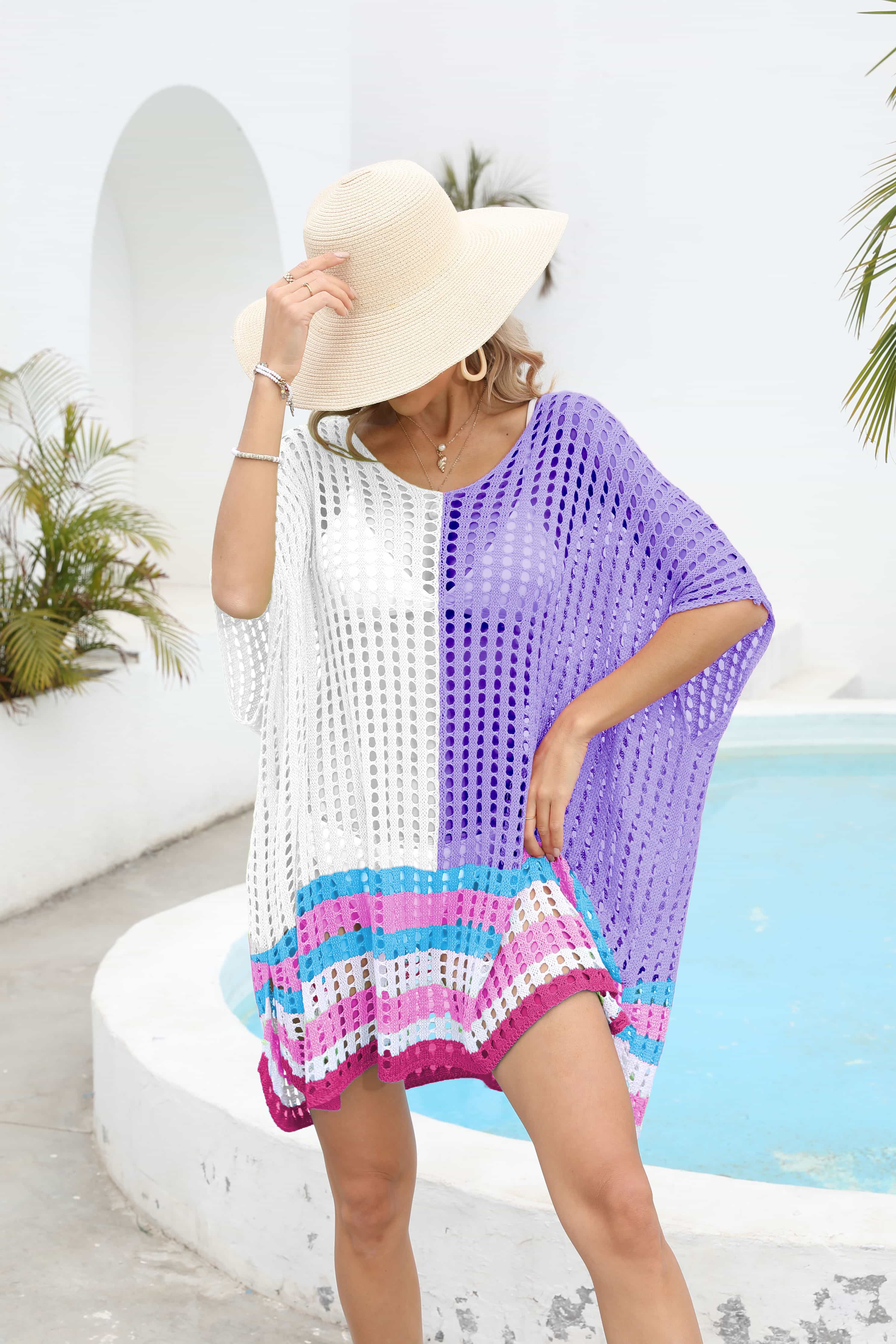 Contrast Scoop Neck Openwork Half Sleeve Cover Up.