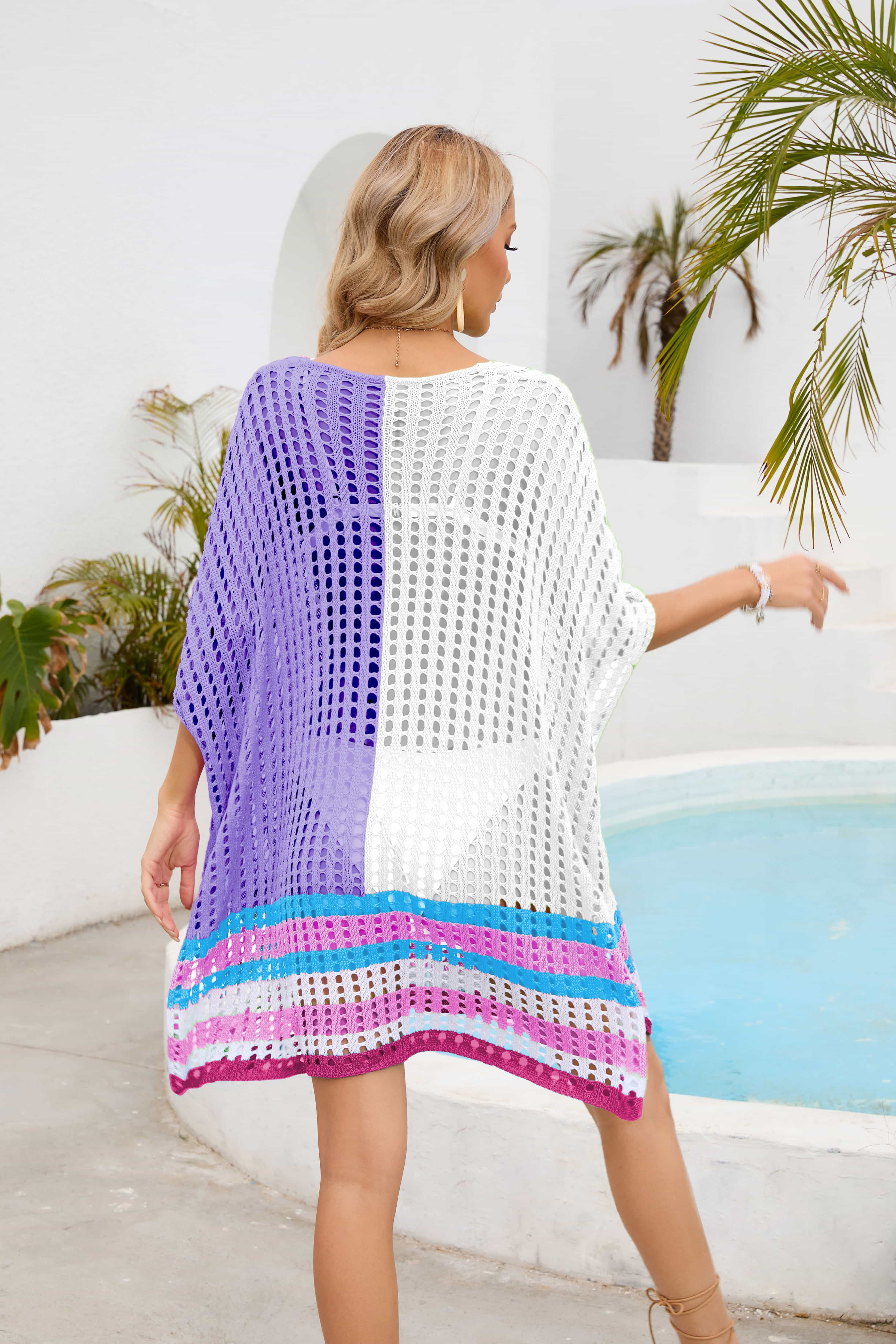 Contrast Scoop Neck Openwork Half Sleeve Cover Up.