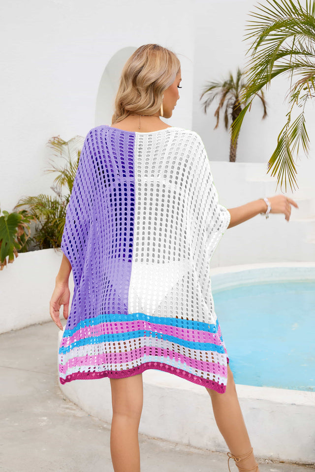 Contrast Scoop Neck Openwork Half Sleeve Cover Up.