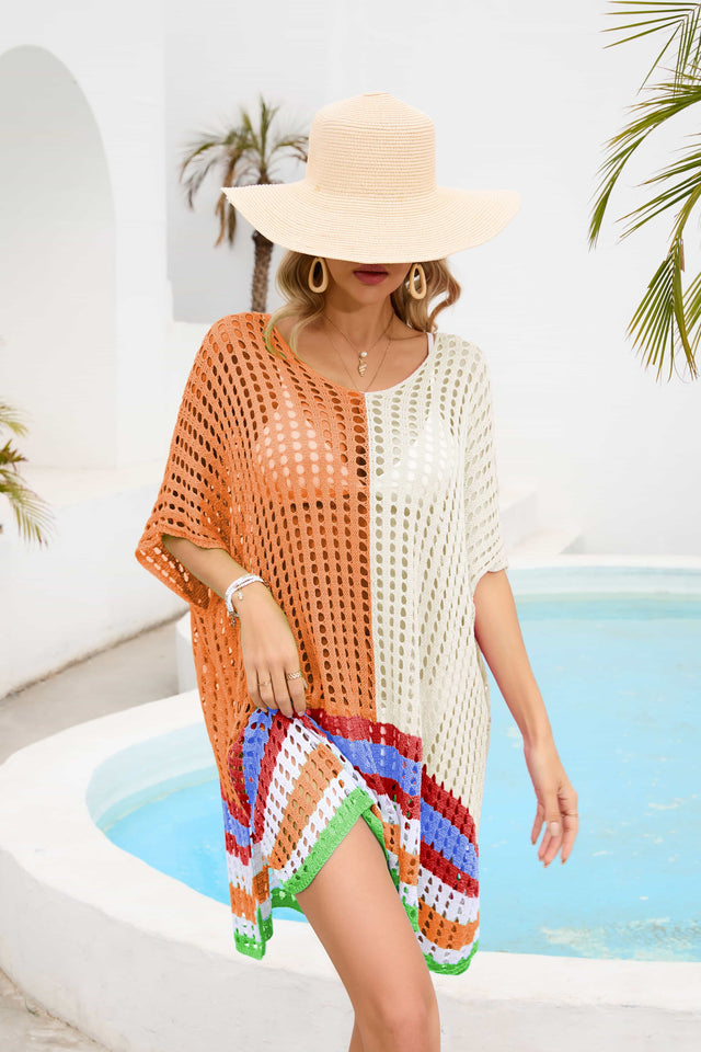 Contrast Scoop Neck Openwork Half Sleeve Cover Up.