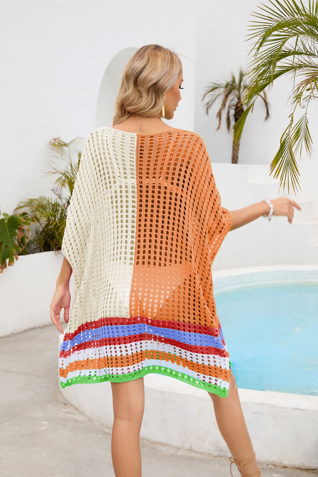 Contrast Scoop Neck Openwork Half Sleeve Cover Up.