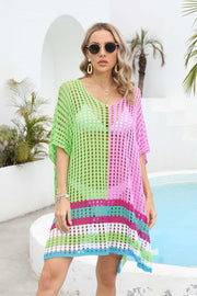 Contrast Scoop Neck Openwork Half Sleeve Cover Up.