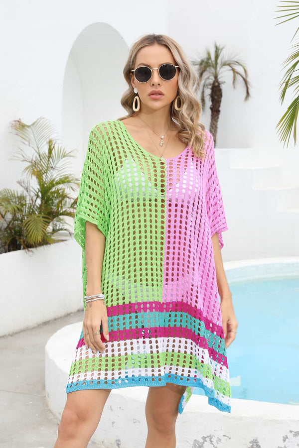 Contrast Scoop Neck Openwork Half Sleeve Cover Up.