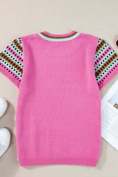 Contrast short sleeves round neck sweater.