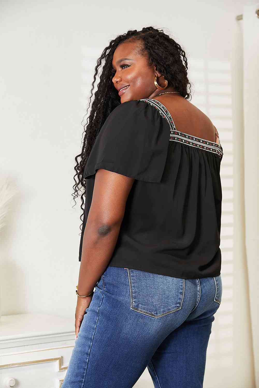 Honey contrast square neck puff sleeve blouse with ruching.