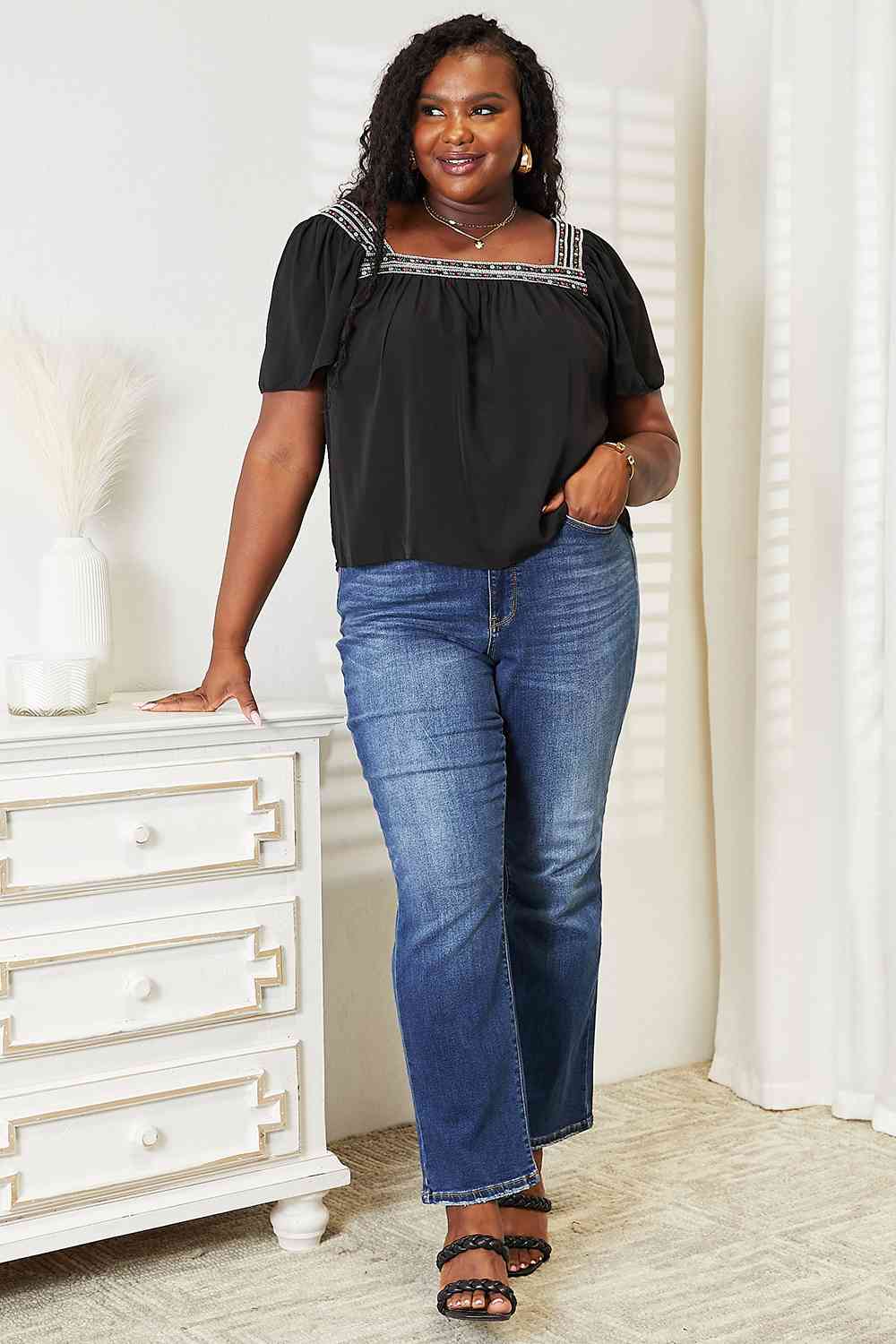Honey contrast square neck puff sleeve blouse with ruching.