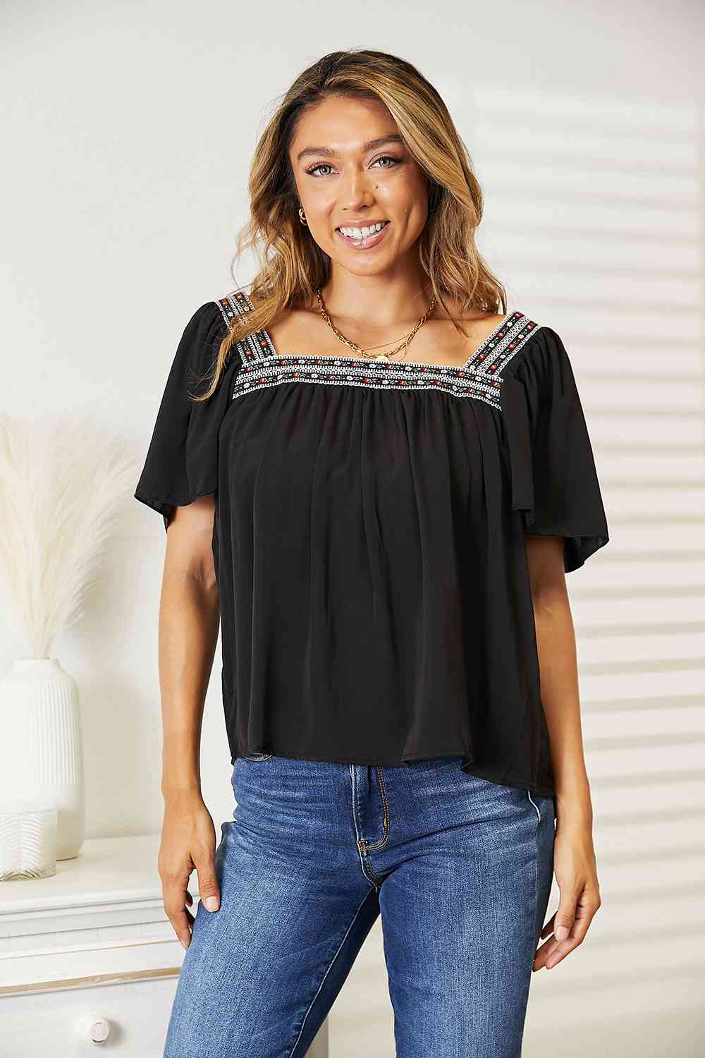 Honey contrast square neck puff sleeve blouse with ruching.
