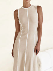 Contrast Stitching Round Neck Sleeveless Midi Dress.