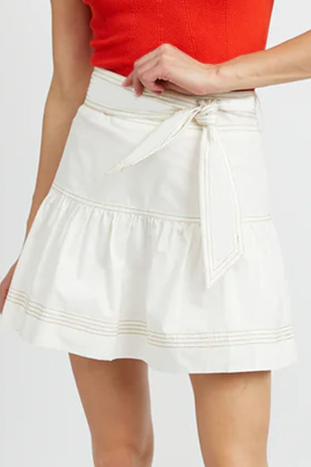 Contrast Stitching Trim Knotted High Waist A-Line Mini Skirt.