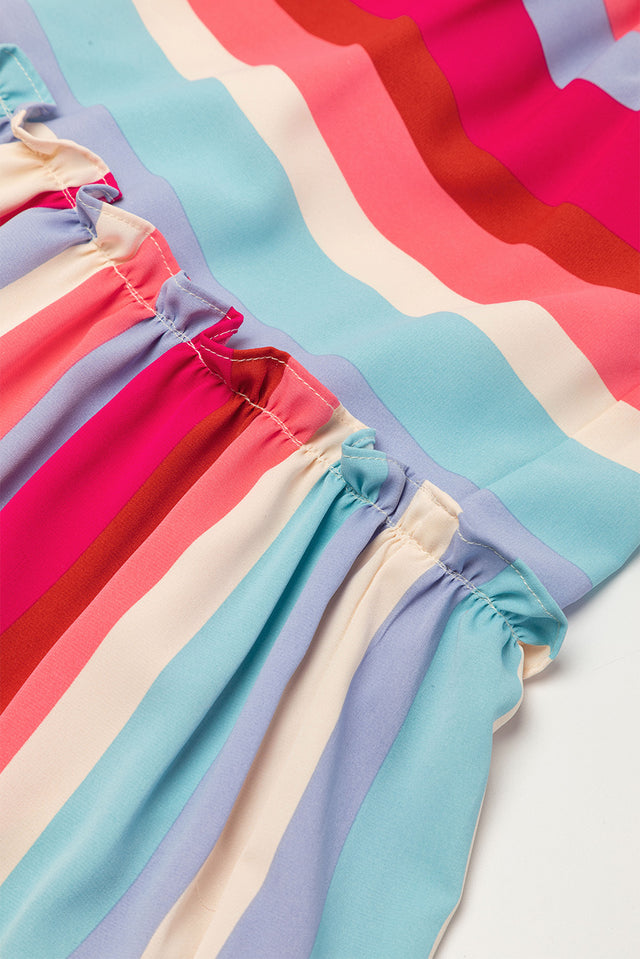 Contrast Stripe Wide Strap Smocked Tiered Dress with Frill.