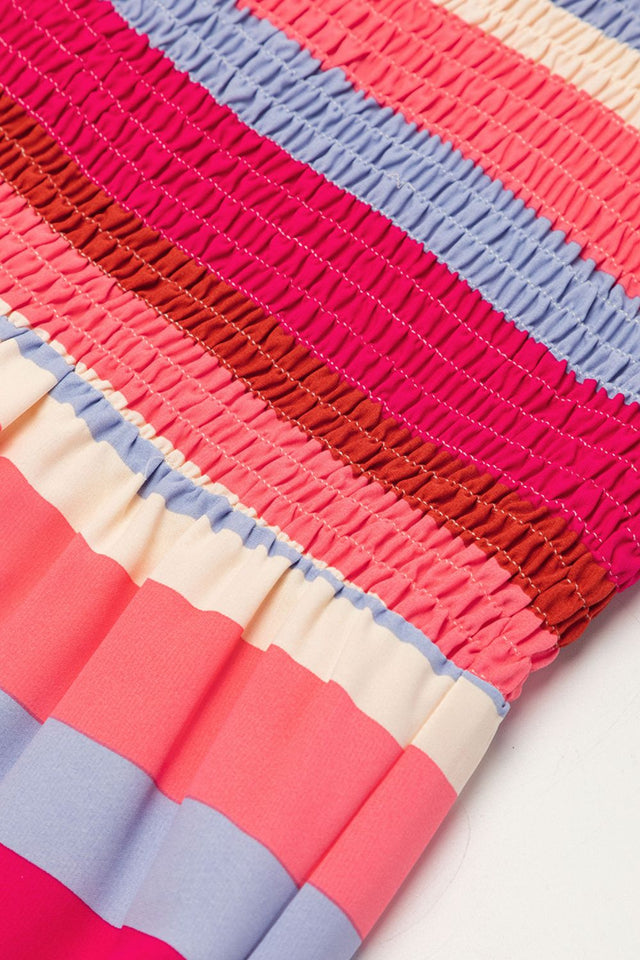 Contrast Stripe Wide Strap Smocked Tiered Dress with Frill.