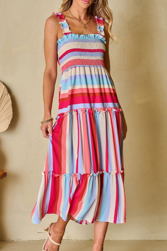Contrast Stripe Wide Strap Smocked Tiered Dress with Frill.